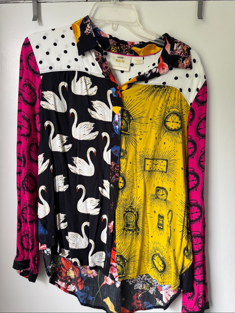 Maeve Mixed-Print Swan & Sunburst Button-Down Shirt - Black, Yellow, Pink